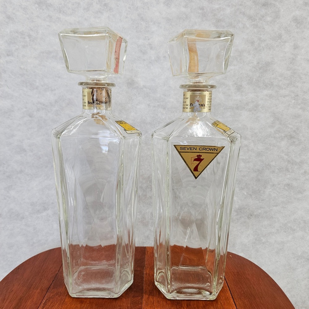 Vintage Seven Crown Seagram's Glass Decanter Bottles with Stoppers Set of 2 Iowa